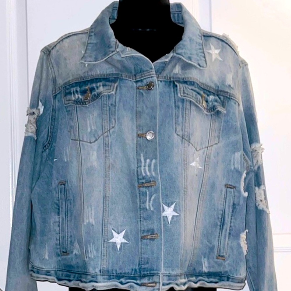 🔴 CLEARANCE🔖 ANGEL KISS EMBROIDERED STARS RIPPED DESTROYED DENIM JEAN JACKET 1X - Picture 4 of 12